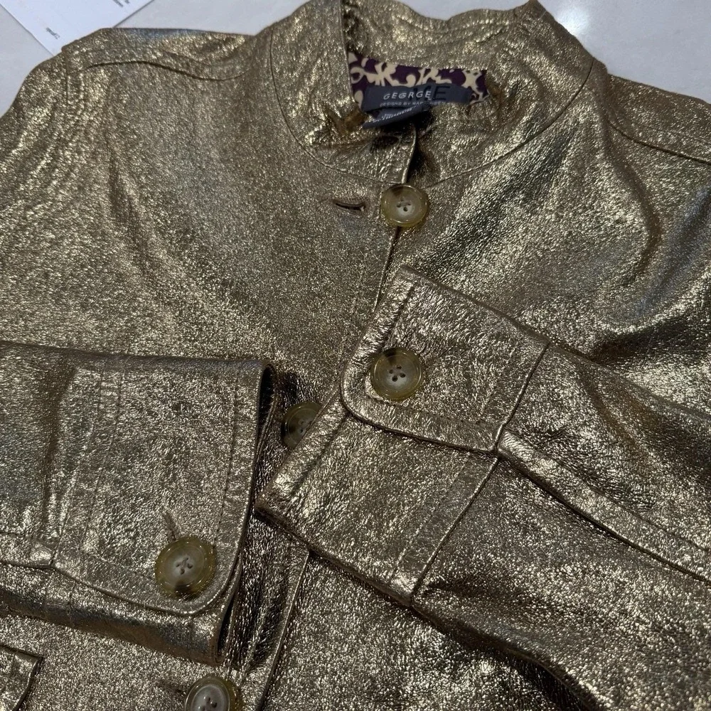 Vintage George By Mark Eisen‎ Gold Foil Goat Suede Luxe Metallic Jacket Y2K Sz L